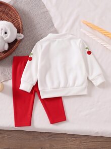 Infant Cherry Embroidery Knitted 2 Pieces Set, Round Neck Button-Up Cherry Cardigan With Red Elastic Long Pants, Textured Skin-Friendly Fabric, Newborn Baby New Year Celebration Daily Outing Versatile Children's Clothing - Multicolor - View 2
