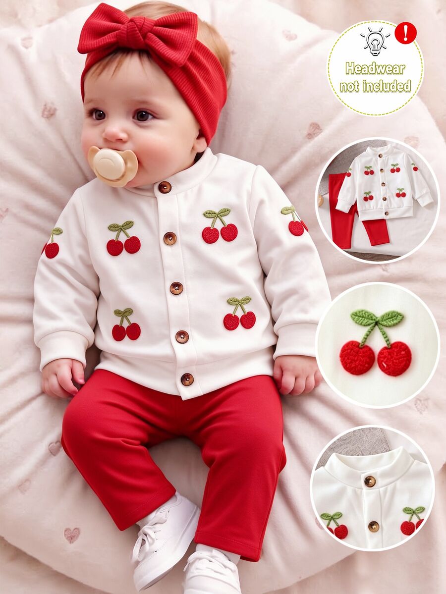 Infant Cherry Embroidery Knitted 2 Pieces Set, Round Neck Button-Up Cherry Cardigan With Red Elastic Long Pants, Textured Skin-Friendly Fabric, Newborn Baby New Year Celebration Daily Outing Versatile Children's Clothing - Multicolor - View 1
