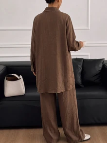 Lacomfia Plus Size Autumn Casual Shirt And Pants Set - Coffee Brown - View 2