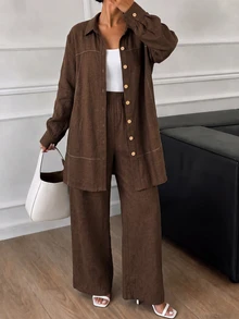 Lacomfia Plus Size Autumn Casual Shirt And Pants Set - Coffee Brown - View 3