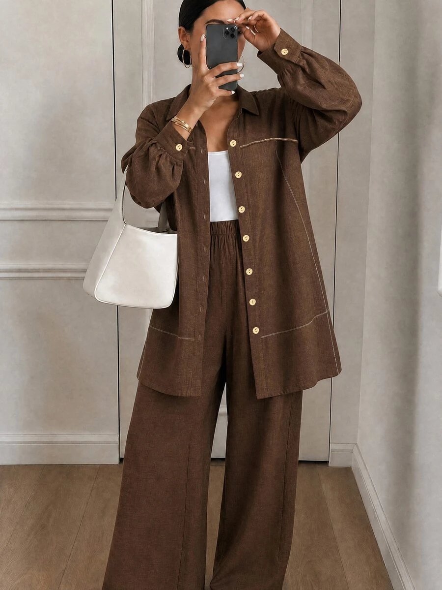 Lacomfia Plus Size Autumn Casual Shirt And Pants Set - Coffee Brown - View 1