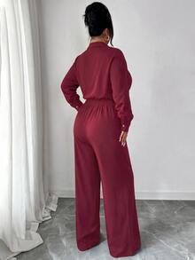 Elenzga Setelan Elegan untuk Wanita Ukuran Plus: Kemeja Lengan Panjang Warna Polos Kancing Tunggal dan Celana Panjang Lebar untuk Musim Gugur - Burgundy - View 2