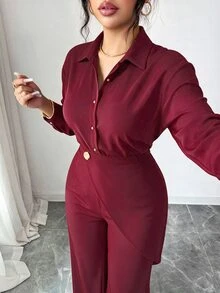Elenzga Setelan Elegan untuk Wanita Ukuran Plus: Kemeja Lengan Panjang Warna Polos Kancing Tunggal dan Celana Panjang Lebar untuk Musim Gugur - Burgundy - View 4
