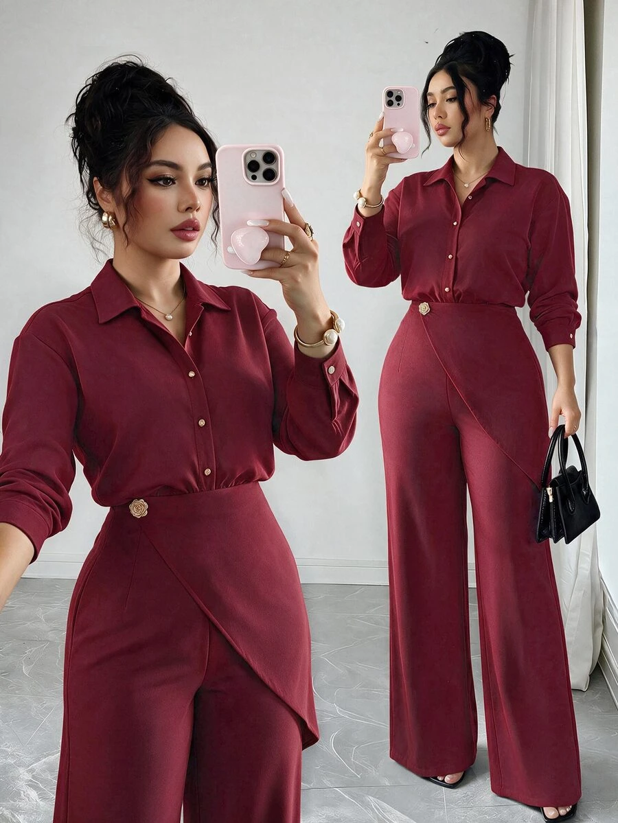 Elenzga Setelan Elegan untuk Wanita Ukuran Plus: Kemeja Lengan Panjang Warna Polos Kancing Tunggal dan Celana Panjang Lebar untuk Musim Gugur - Burgundy - View 1