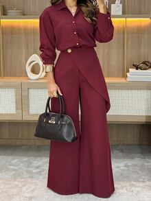Elenzga Setelan Elegan untuk Wanita Ukuran Plus: Kemeja Lengan Panjang Warna Polos Kancing Tunggal dan Celana Panjang Lebar untuk Musim Gugur - Burgundy - View 5