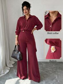 Elenzga Setelan Elegan untuk Wanita Ukuran Plus: Kemeja Lengan Panjang Warna Polos Kancing Tunggal dan Celana Panjang Lebar untuk Musim Gugur - Burgundy - View 3