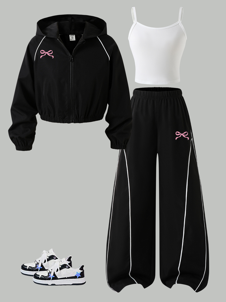 SHEIN طقم 3 قطع للبنات بطبعة فراشة، هودي قصير بسحاب + توب كاميسول + بنطلون واسع الساق، أسود وأبيض، رياضي للمدرسة وكاجوال خريفي - الأسود - مشاهدة 3