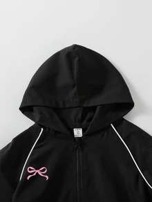 SHEIN 女童 3 件套蝴蝶印花套裝 秋季黑白短版拉鍊連帽外套 + 吊帶上衣 + 寬腿長褲 運動校園休閒風 - 黑色 - 查看 4