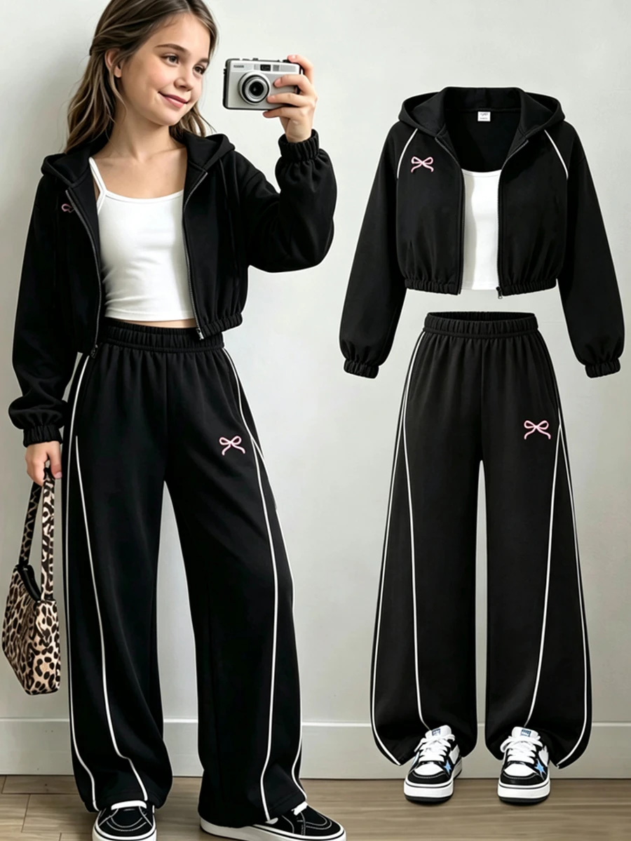 SHEIN 女童 3 件套蝴蝶印花套裝 秋季黑白短版拉鍊連帽外套 + 吊帶上衣 + 寬腿長褲 運動校園休閒風 - 黑色 - 查看 1