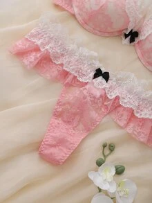 DelicateAllure طقم ملابس داخلية نسائية مثير وناعم بأسلوب فرنسي، 2 قطعة، بتصميم كتل لونية وردية مع دانتيل وتطريز، حمالة صدر بسلك ودعم مبطن، لطيف وأنثوي - وردي - مشاهدة 4