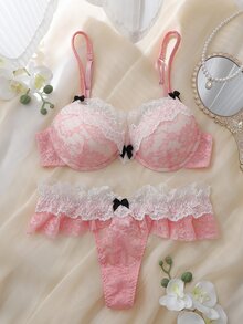 DelicateAllure طقم ملابس داخلية نسائية مثير وناعم بأسلوب فرنسي، 2 قطعة، بتصميم كتل لونية وردية مع دانتيل وتطريز، حمالة صدر بسلك ودعم مبطن، لطيف وأنثوي - وردي - مشاهدة 1