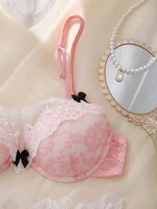 DelicateAllure طقم ملابس داخلية نسائية مثير وناعم بأسلوب فرنسي، 2 قطعة، بتصميم كتل لونية وردية مع دانتيل وتطريز، حمالة صدر بسلك ودعم مبطن، لطيف وأنثوي - وردي - مشاهدة 3