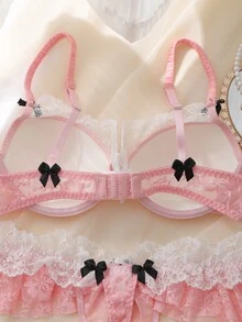 DelicateAllure طقم ملابس داخلية نسائية مثير وناعم بأسلوب فرنسي، 2 قطعة، بتصميم كتل لونية وردية مع دانتيل وتطريز، حمالة صدر بسلك ودعم مبطن، لطيف وأنثوي - وردي - مشاهدة 5