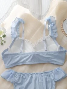DelicateAllure 여성용 컬러블록 러플 란제리 세트 - 파란색과 흰색 - 보기 5