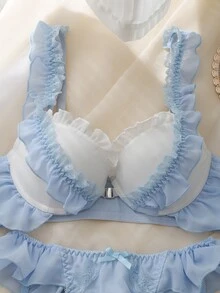 DelicateAllure 여성용 컬러블록 러플 란제리 세트 - 파란색과 흰색 - 보기 3