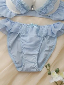 DelicateAllure 여성용 컬러블록 러플 란제리 세트 - 파란색과 흰색 - 보기 4