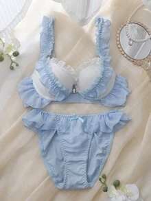 DelicateAllure 여성용 컬러블록 러플 란제리 세트 - 파란색과 흰색 - 보기 1