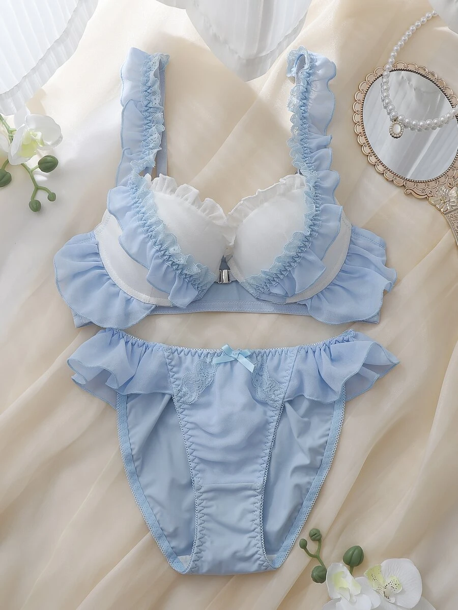 DelicateAllure 여성용 컬러블록 러플 란제리 세트 - 파란색과 흰색 - 보기 1