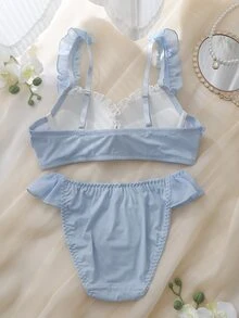 DelicateAllure 여성용 컬러블록 러플 란제리 세트 - 파란색과 흰색 - 보기 2