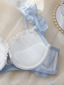 DelicateAllure 여성용 컬러블록 러플 란제리 세트 - 파란색과 흰색 - 보기 7