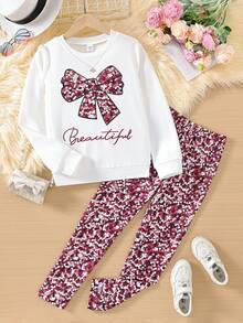 SHEIN Tween Girls Fall Outfits 2 Piece Outfit Cute Sequin Bow Graphic Sweatshirt And Confetti Print Leggings Set Casual Long Sleeve Fall Winter Sweet Tra... - Burgundy - View 3