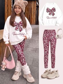 SHEIN Tween Girls Fall Outfits 2 Piece Outfit Cute Sequin Bow Graphic Sweatshirt And Confetti Print Leggings Set Casual Long Sleeve Fall Winter Sweet Tra... - Burgundy - View 1