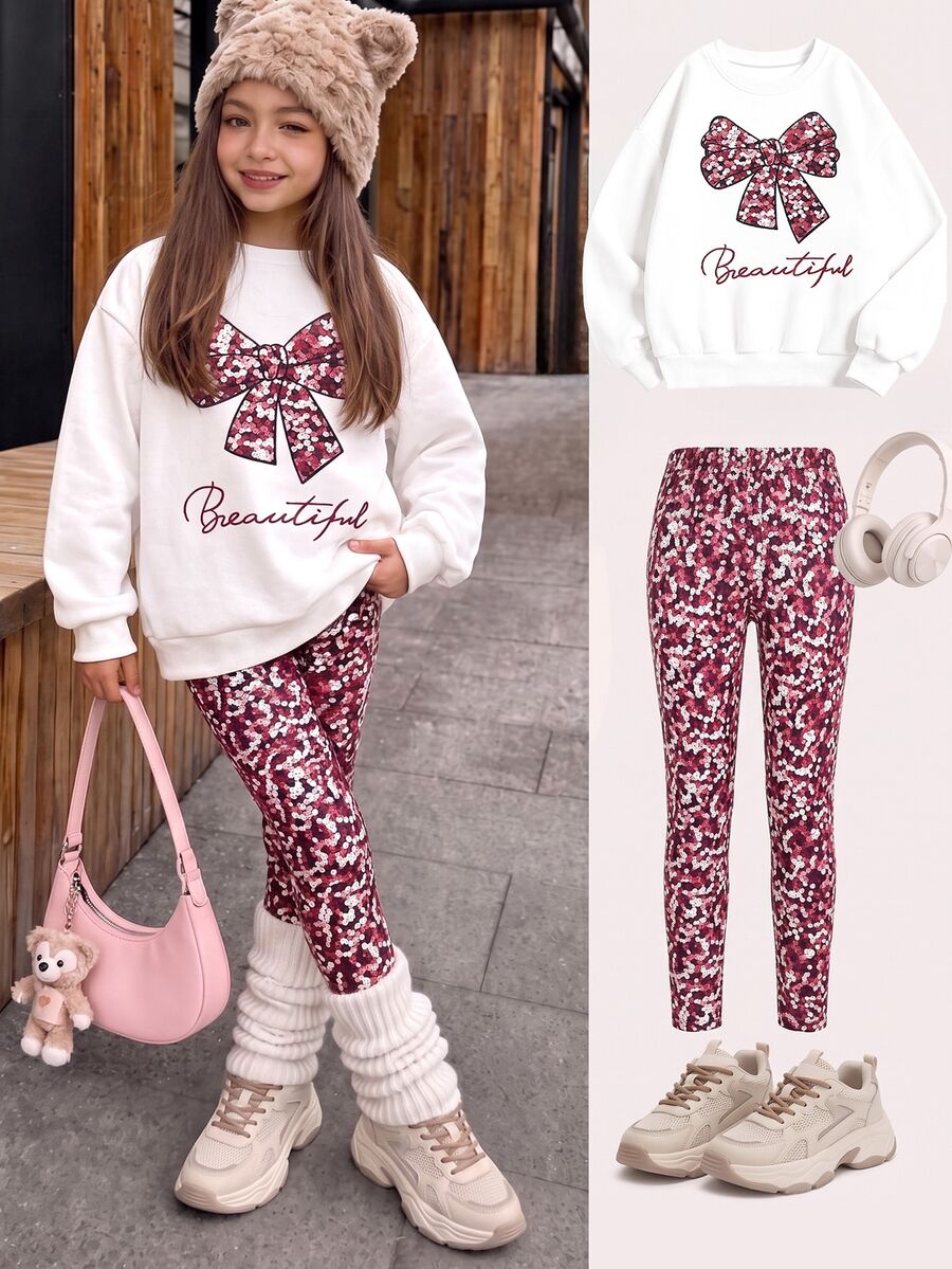 SHEIN Tween Girls Fall Outfits 2 Piece Outfit Cute Sequin Bow Graphic Sweatshirt And Confetti Print Leggings Set Casual Long Sleeve Fall Winter Sweet Tra... - Burgundy - View 1