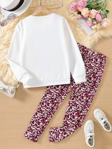 SHEIN Tween Girls Fall Outfits 2 Piece Outfit Cute Sequin Bow Graphic Sweatshirt And Confetti Print Leggings Set Casual Long Sleeve Fall Winter Sweet Tra... - Burgundy - View 2