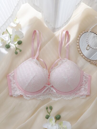 DelicateAllure Lace Pink Patchwork Underwire Push-Up Molded Cup Cross Strap Sexy Innocent Transparent Lawaii Babydoll Full Bust Women's Bra