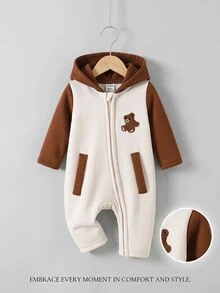 SHEIN 1件新生兒男嬰女嬰連身衣 日常休閒款 棕色白色熊圖案拼接 長袖連帽羅馬裝 毛絨抓絨面料 加厚保暖 秋冬款 - 彩色 - 查看 10