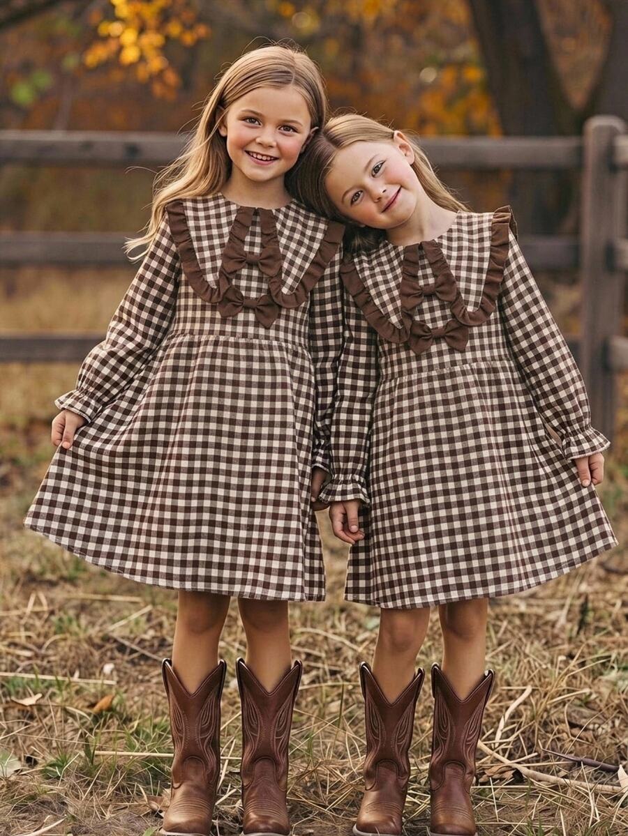SHEIN Tween Girl Plaid Casual Summer Travel Dress - Brown - View 1