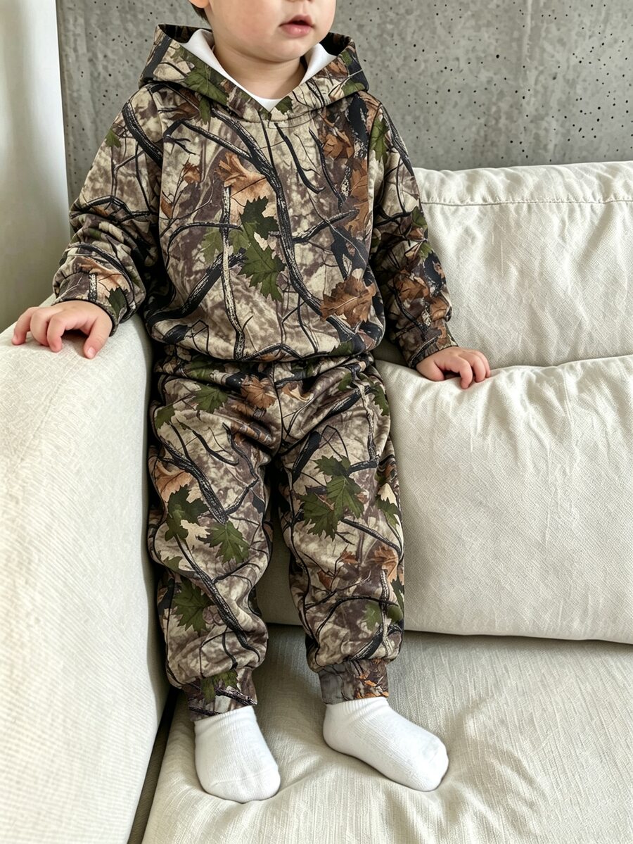 SHEIN 2 件套小男孩树叶迷彩全身印花连帽运动衫和裤子套装,休闲运动街头服饰,适合秋冬季 - 彩色 - 查看 1