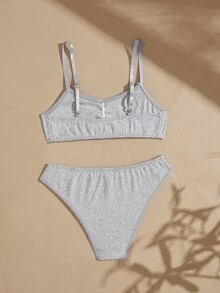 Lullawish Set Pakaian Dalam Rajut Jacquard Garis Vertikal Wanita 100% Katun - Light Grey - View 8