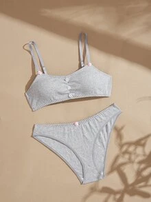 Lullawish Set Pakaian Dalam Rajut Jacquard Garis Vertikal Wanita 100% Katun - Light Grey - View 7