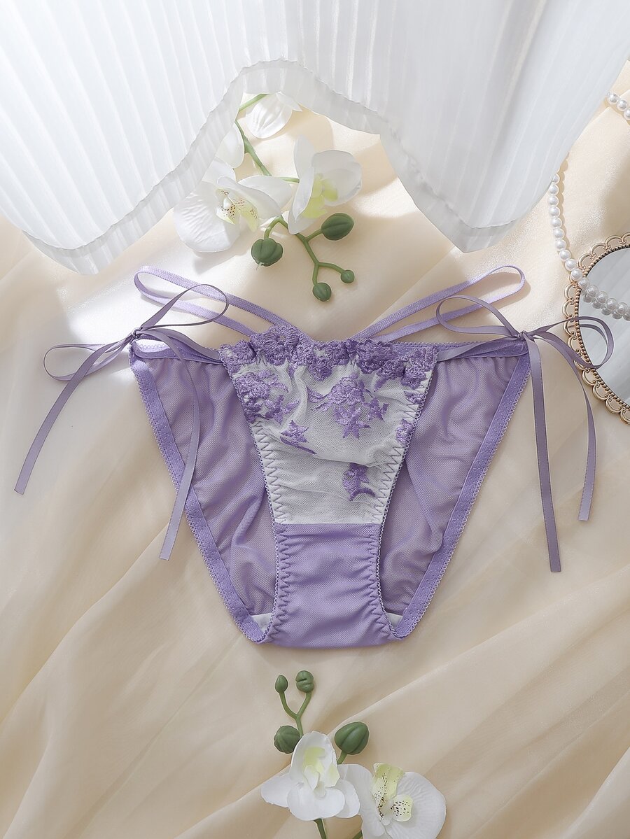 DelicateAllure Purple Embroidered Sexy Innocent Clear Style Transparent Mass-Produced Pure Decorative Straps Cross Straps Subtle Detail Women's Thong - White - View 1