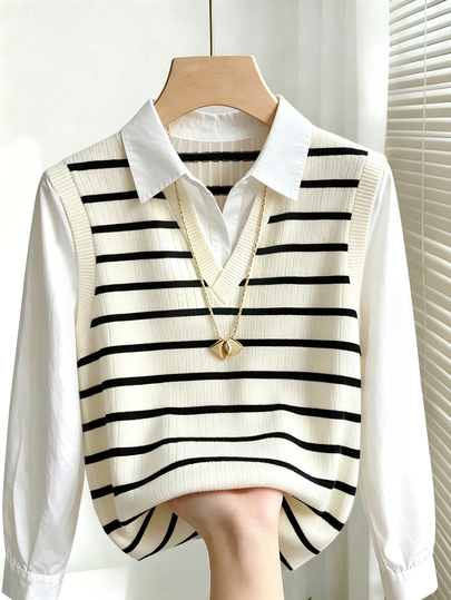 Franclia Women's Casual Elegant Intellectual 2 In 1 Contrast Color Striped Long Sleeve Vest Shirt Top, Daily Casual Autumn/Winter Layering Fashion Preppy Youthful Pullover