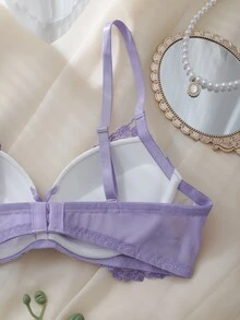 DelicateAllure Purple Embroidered Pure Sexy Molded Cup Underwire Push-Up Full Coverage Transparent Gathered Support Cute Women's Lingerie Bra - Mauve Purple - View 6