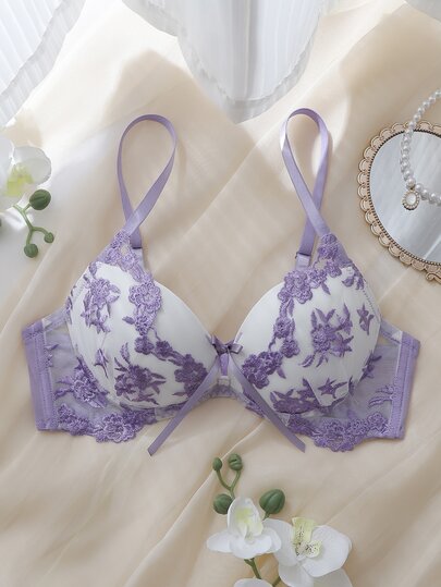 DelicateAllure Purple Embroidered Pure Sexy Molded Cup Underwire Push-Up Full Coverage Transparent Gathered Support Cute Women's Lingerie Bra