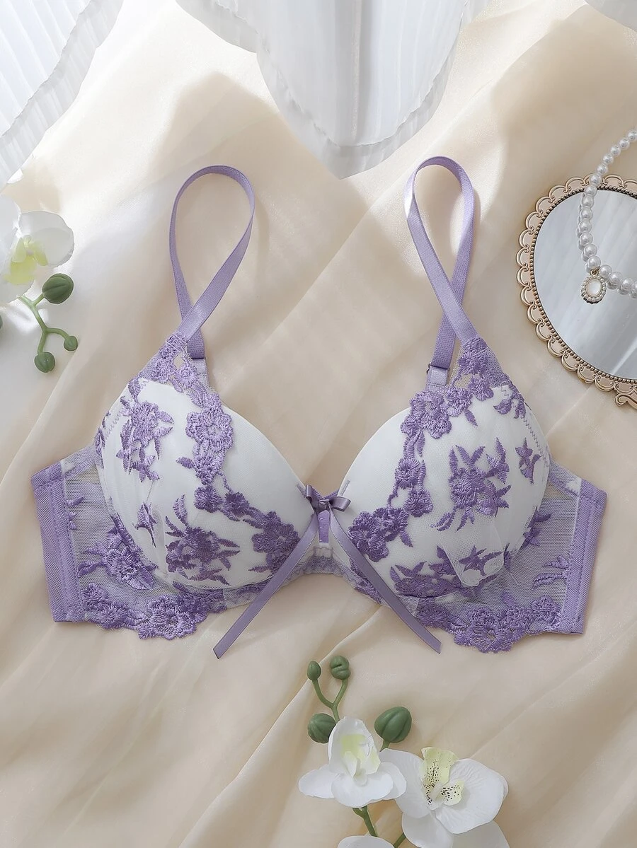 DelicateAllure Purple Embroidered Pure Sexy Molded Cup Underwire Push-Up Full Coverage Transparent Gathered Support Cute Women's Lingerie Bra - Mauve Purple - View 1