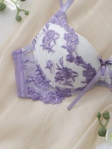 DelicateAllure Purple Embroidered Pure Sexy Molded Cup Underwire Push-Up Full Coverage Transparent Gathered Support Cute Women's Lingerie Bra - Mauve Purple - View 4