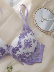 DelicateAllure Purple Embroidered Pure Sexy Molded Cup Underwire Push-Up Full Coverage Transparent Gathered Support Cute Women's Lingerie Bra - Mauve Purple - View 2