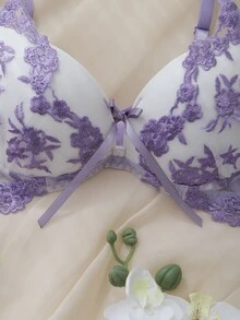 DelicateAllure Purple Embroidered Pure Sexy Molded Cup Underwire Push-Up Full Coverage Transparent Gathered Support Cute Women's Lingerie Bra - Mauve Purple - View 3