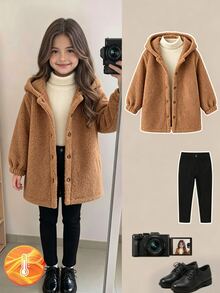 SHEIN Playful Pals 女童冬季淺棕色連帽抓絨外套，舒適面料，簡約百搭，適合室內外活動 - 棕色 - 查看 1