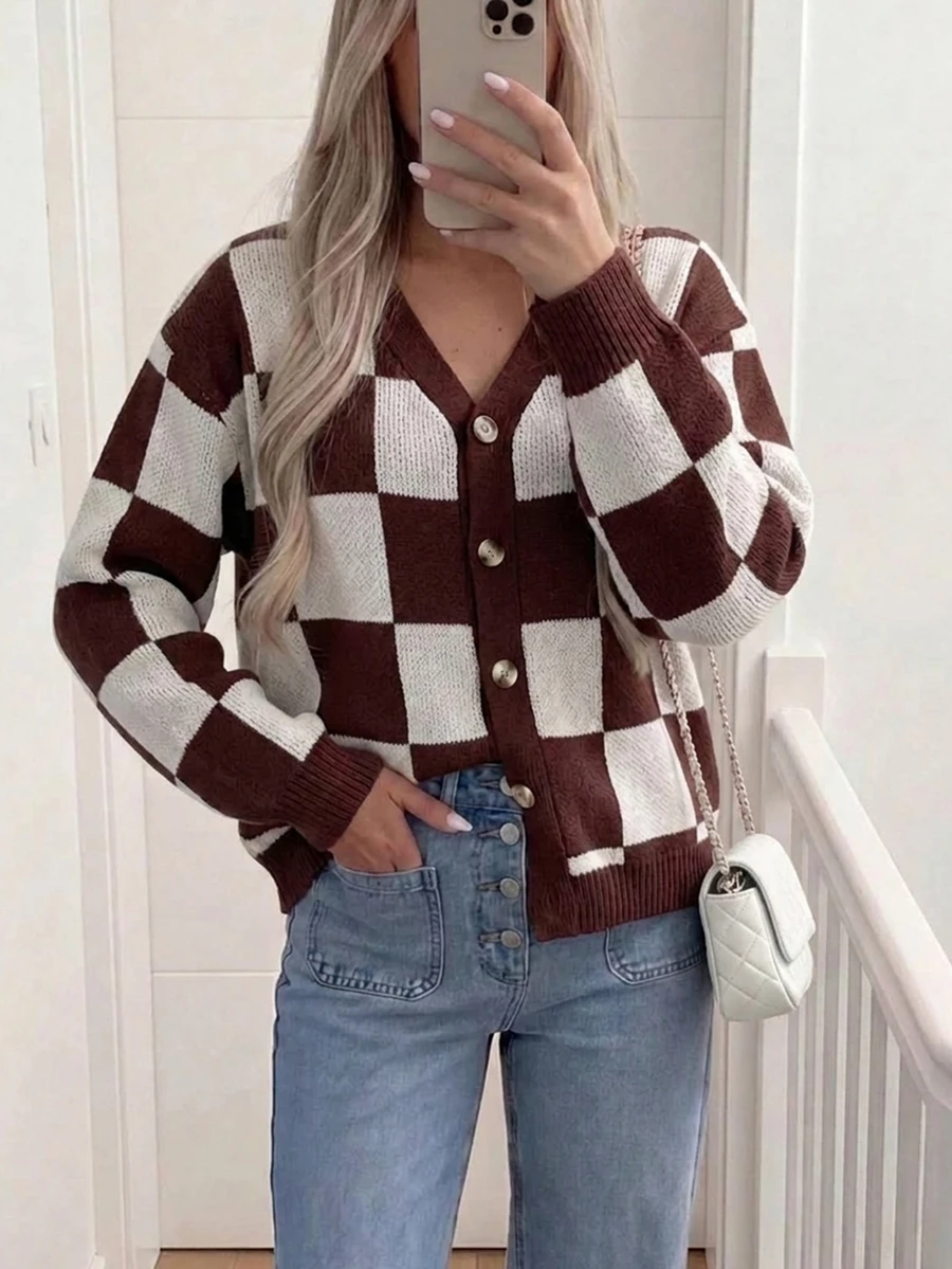 SHEIN Holidaya Checkered Loose Button Knit Cardigan, Autumn/Winter - Coffee Brown - View 1