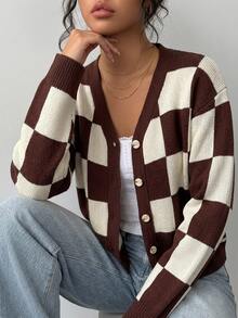 SHEIN Holidaya Checkered Loose Button Knit Cardigan, Autumn/Winter - Coffee Brown - View 5