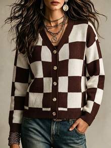 SHEIN Holidaya Checkered Loose Button Knit Cardigan, Autumn/Winter - Coffee Brown - View 3
