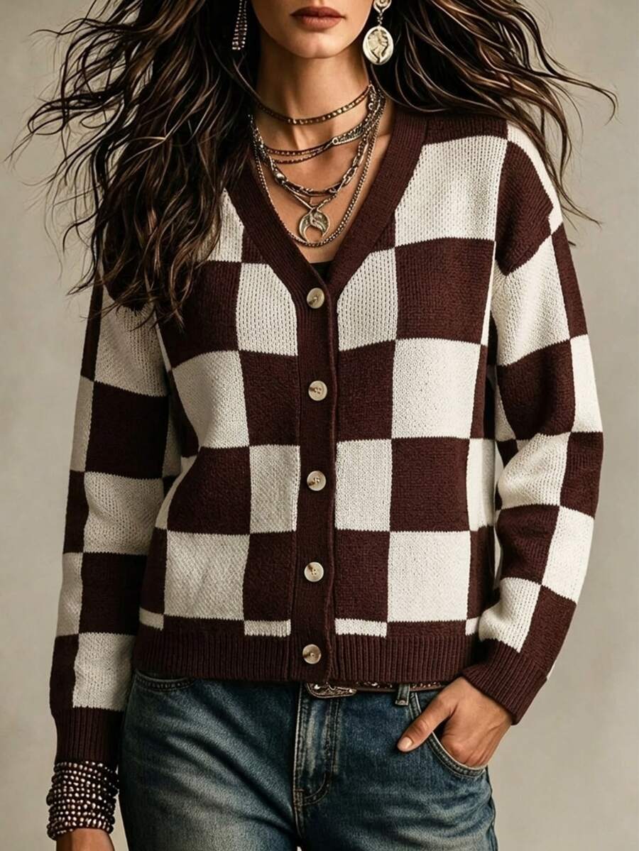 SHEIN Holidaya Checkered Loose Button Knit Cardigan, Autumn/Winter - Coffee Brown - View 1