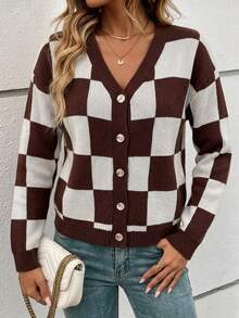 SHEIN Holidaya Checkered Loose Button Knit Cardigan, Autumn/Winter - Coffee Brown - View 4