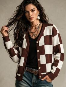 SHEIN Holidaya Checkered Loose Button Knit Cardigan, Autumn/Winter - Coffee Brown - View 8