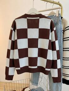 SHEIN Holidaya Checkered Loose Button Knit Cardigan, Autumn/Winter - Coffee Brown - View 2
